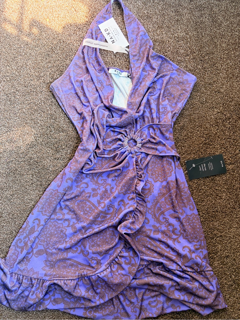 MAYDENKNOT One-Shoulder Purple Paisley Midi Dress with Ring Detail